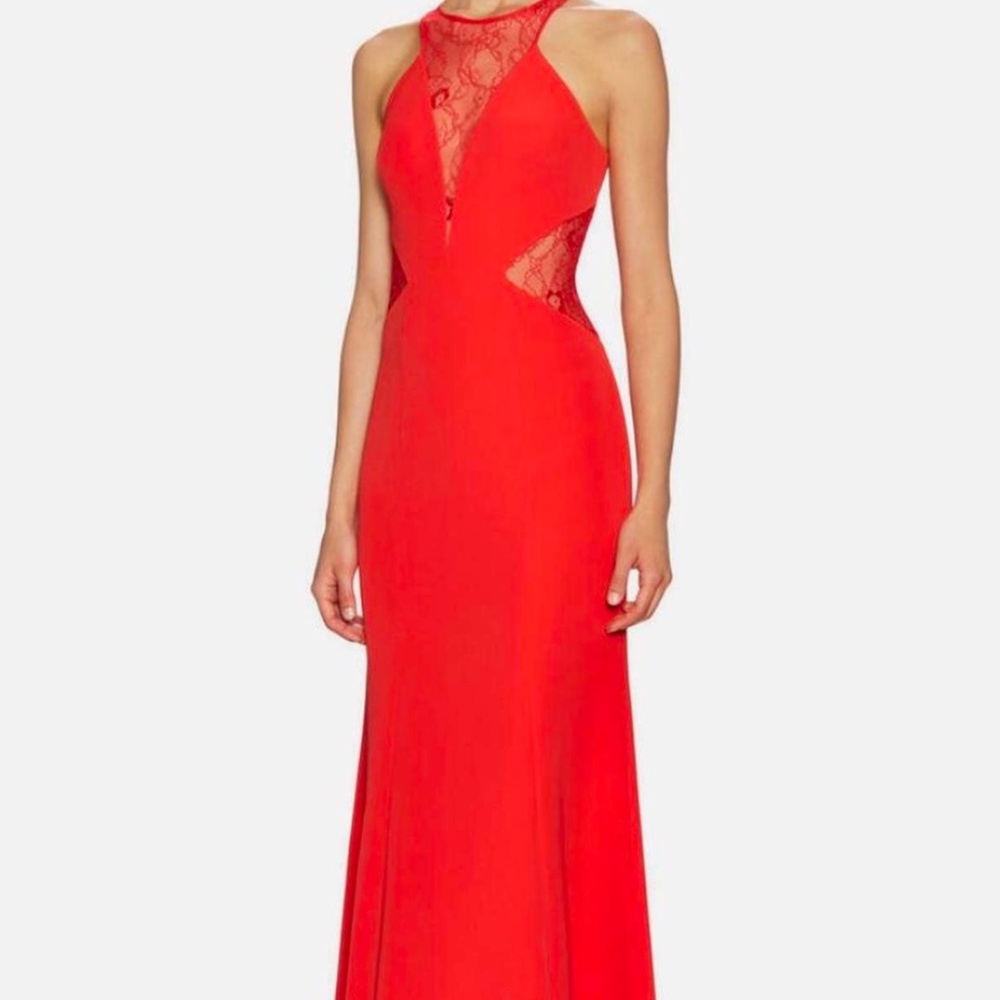 Aidan Mattox Red Lace Halter Neck Formal Gown